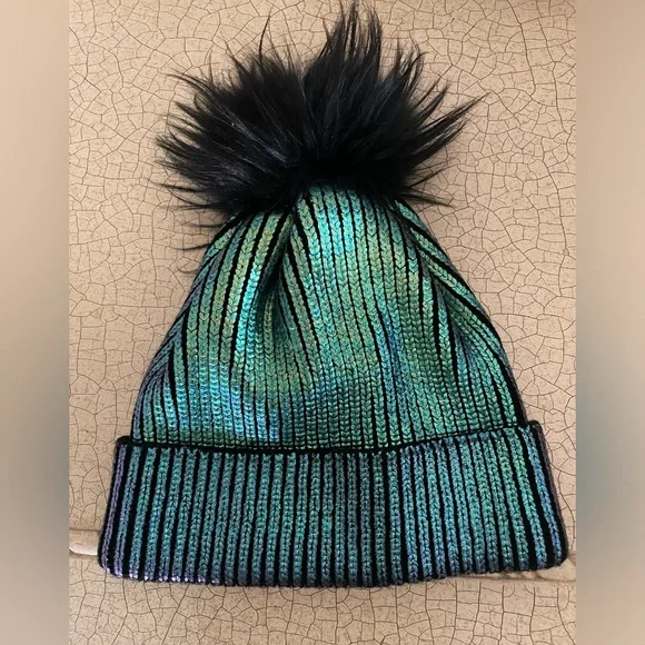 🦊 ADRIENNE LANDAU MeTaLliC  IrIdEsCeNt BlUe ReAl FuR F0X P0m-P0m BeAnIe - Picture 2 of 8